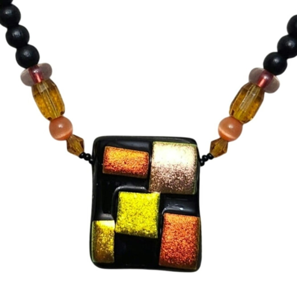 Vtg Artisan Dichroic Fused Glass Beaded Pendant Necklace